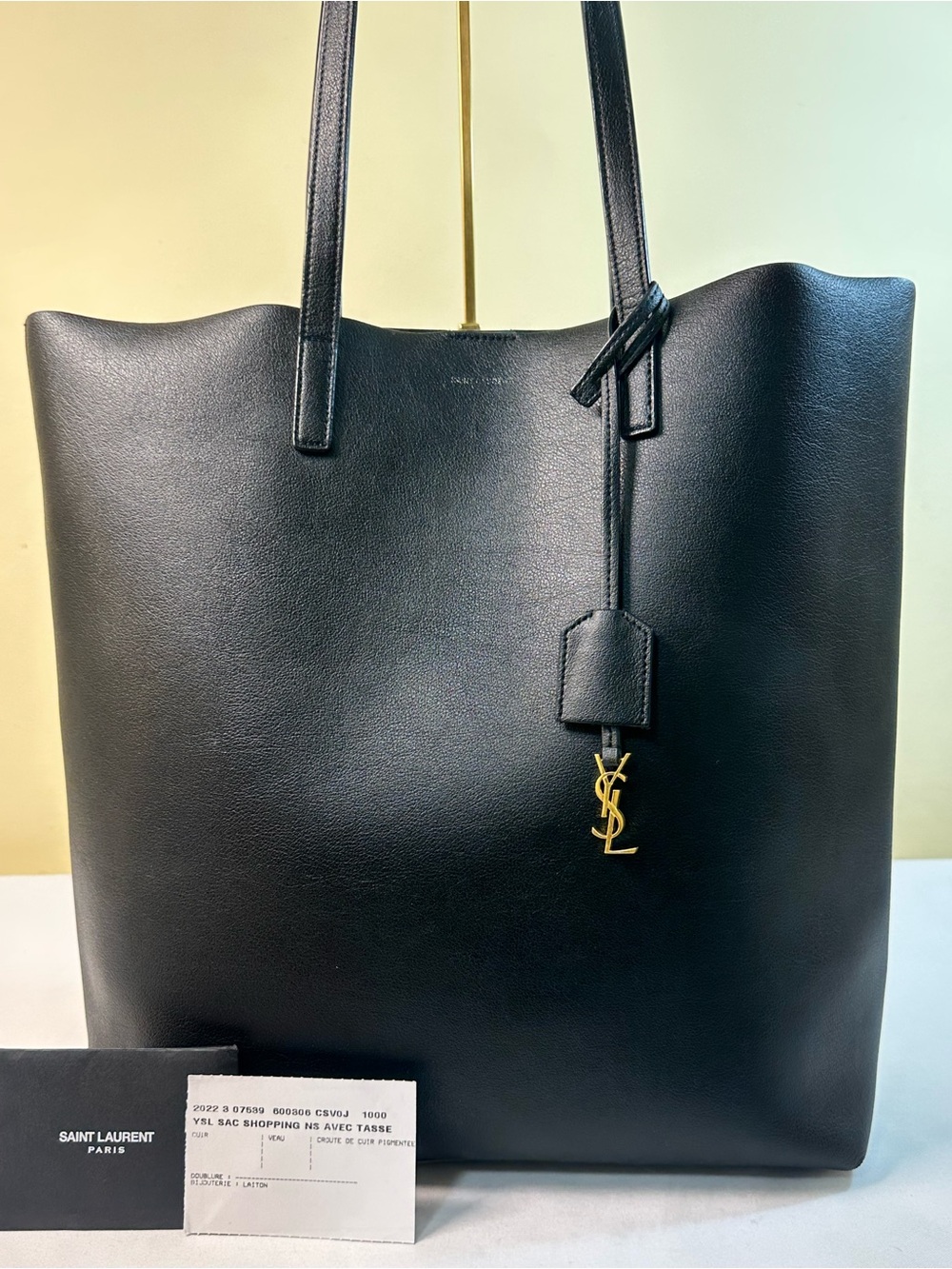 Saint Laurent North South Black Leather Classic Tote with Gold YSL Charm